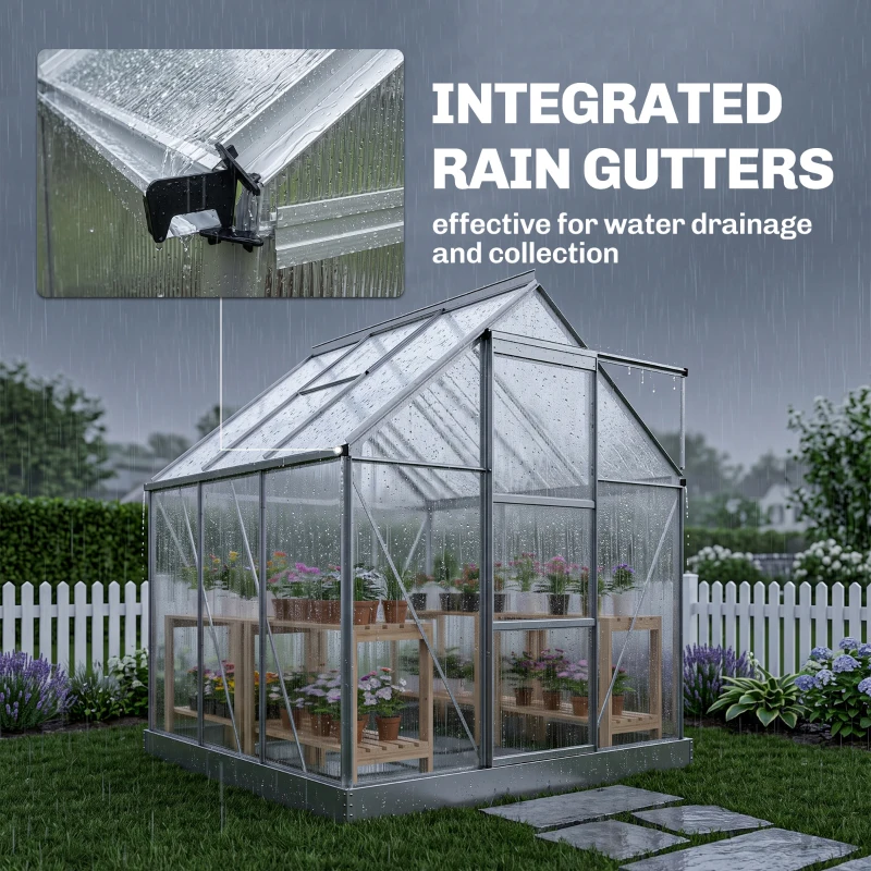Outsunny 6 x 6ft Walk-In Greenhouse, Polycarbonate Greenhouse with Sliding Door, Window, Aluminium Frame, Foundation, Silver