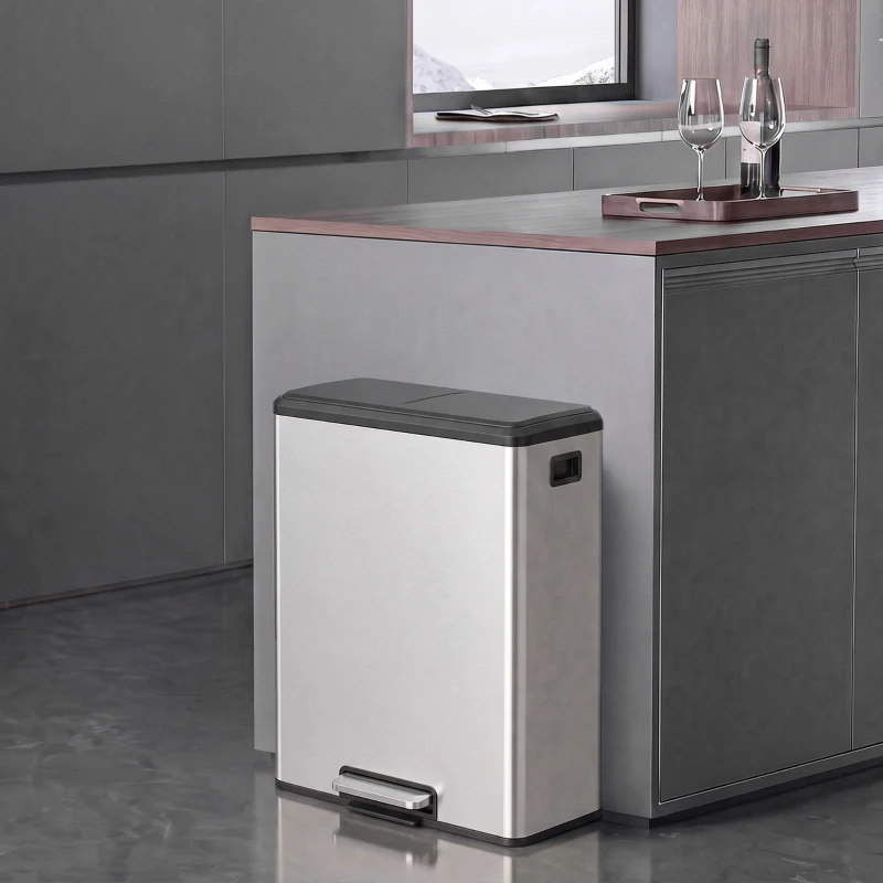 HOMCOM Poubelle à Double Compartiment 2 x 30L, Poubelle de Cuisine en Acier Inoxydable, Couvercle à Fermeture Douce, Argent