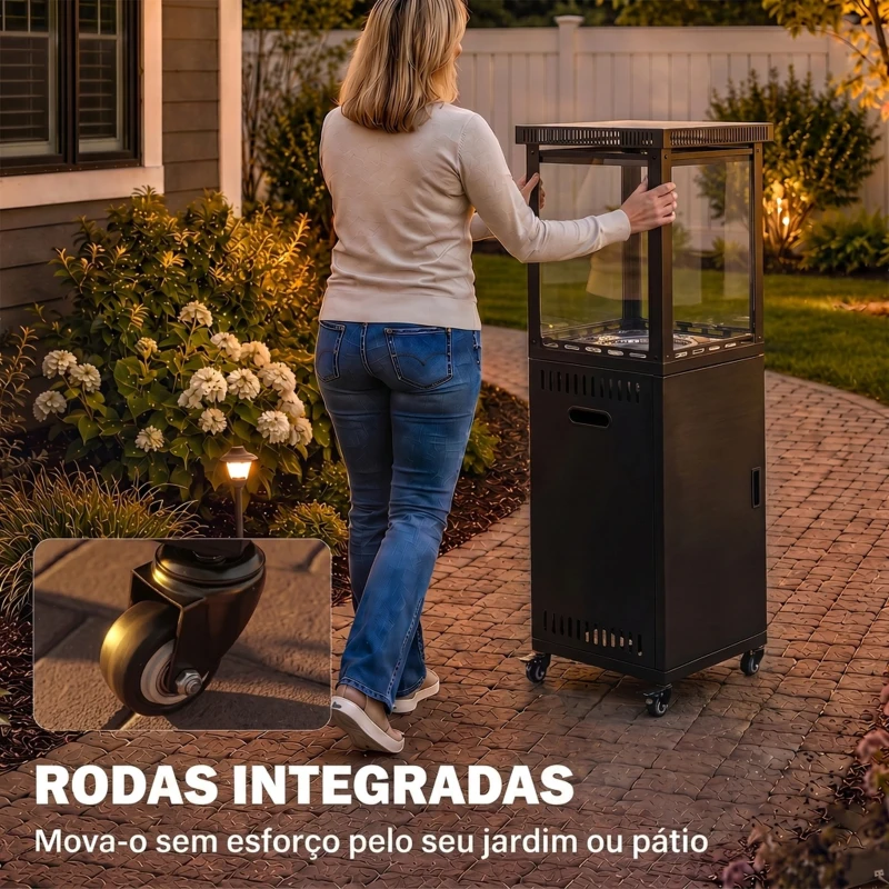 Outsunny Aquecedor a Gás para Terraço 13 kW Portátil a Propano Regulação Contínua Sistema Antiqueda 4 Rodas Preto