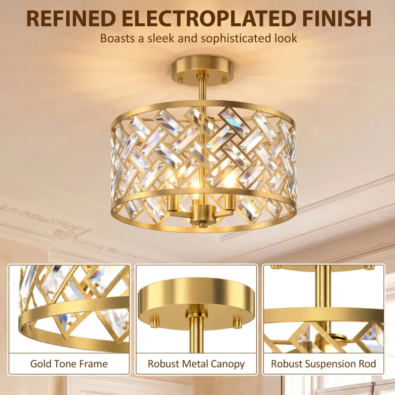HOMCOM 3-Light Crystal Glass Ceiling Light, Modern Ceiling Lamp w/ 3 E14 Sockets for Living Room, Bulb Not Included, Gold Tone