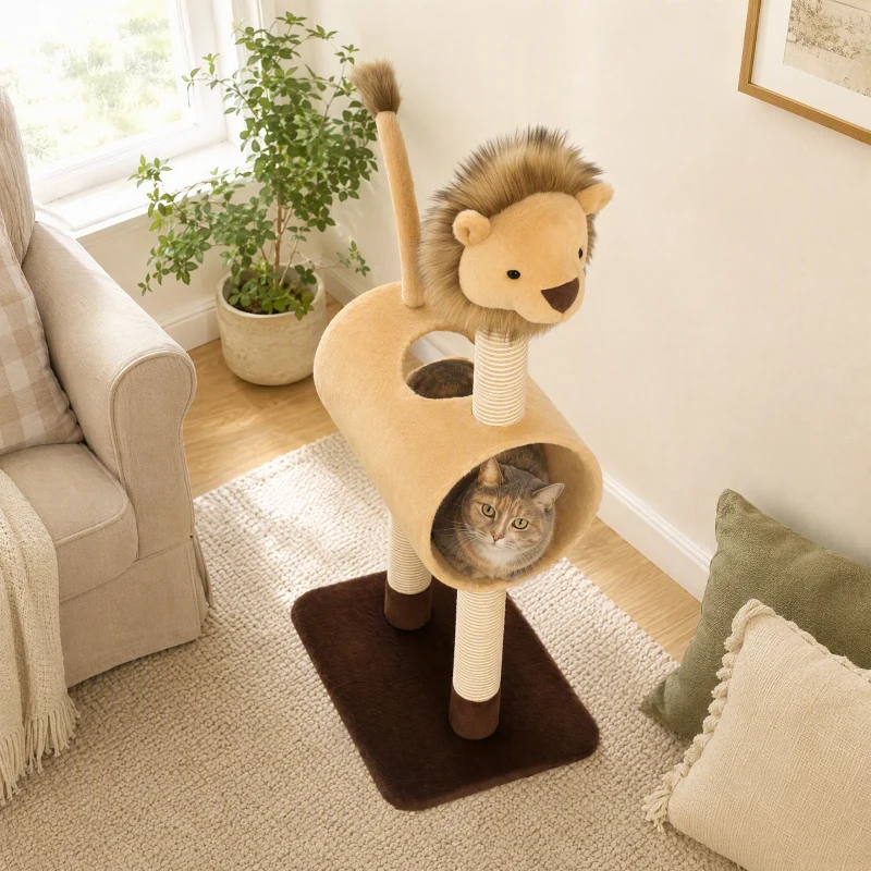 PawHut Krabpaal 104 cm, kattenboom in leeuwdesign met krabpalen, tunnel en hangende staart, voor katten tot 7 kg, lichtbruin