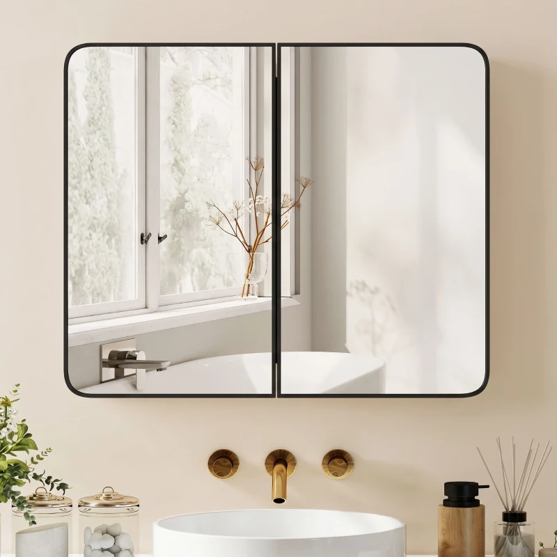 HOMCOM 76.2 x 11.6 x 61 cm Bathroom Mirror Cabinet, Wall Cabinet with Adjustable Shelves, Wall-Mounted or Recessed, Black