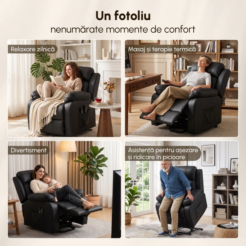 HOMCOM Fotoliu Rulant Electric de Masaj cu Încălzire, Ridicare Asistată și Port USB, Piele PU, Negru