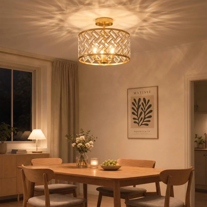 HOMCOM 3-Light Crystal Glass Ceiling Light, Modern Ceiling Lamp w/ 3 E14 Sockets for Living Room, Bulb Not Included, Gold Tone