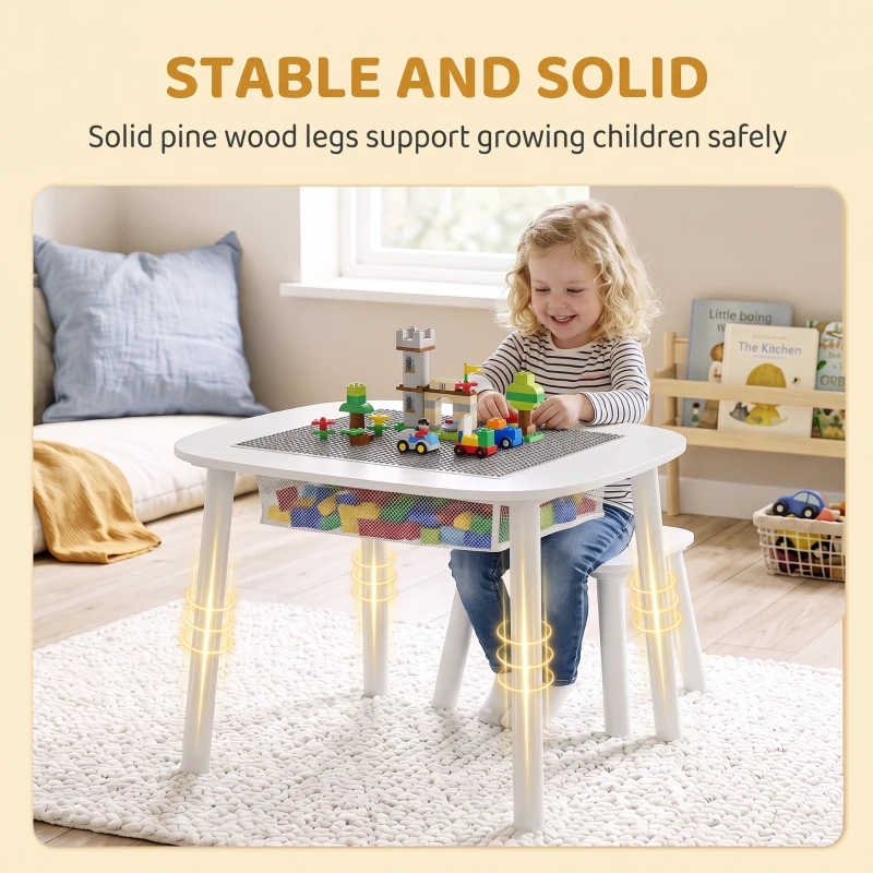 AIYAPLAY Bureau et Chaise pour Enfant 2 Pièces avec Plateau de Construction en Briques et Sac en Filet, 3 à 6 Ans, Blanc