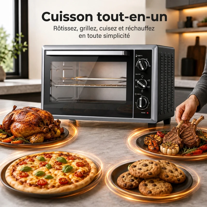HOMCOM Mini-Four Électrique avec Broche Rotative 32L 1500W, Four à Convection Multifonction, Chaleur Tournante, Minuterie, Noir