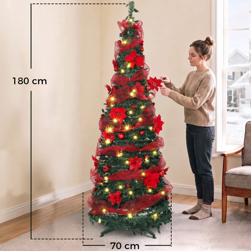 HOMCOM Árvore de Natal Artificial 180 cm com 150 Luzes LED 200 Ramos 11 Modos Bolas Fitas e Suporte Dobrável Verde e Vermelho