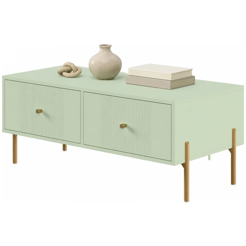HOMCOM Modern Coffee Table, Living Room Table with Storage, 2 Drawers and Metal legs for Bedroom, Light Green