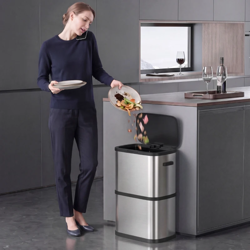 HOMCOM Küchenmülleimer 60 l aus Edelstahl mit Beutelhalter, Soft-Close-Deckel und berührungsempfindlicher Öffnung Silber