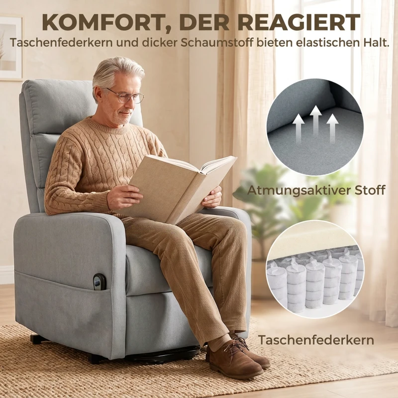 HOMCOM Elektrischer Relaxsessel mit Aufstehhilfe, Fernbedienung, weicher Schaumstoff, Seitentasche, Bezug in Leinenoptik, Grau