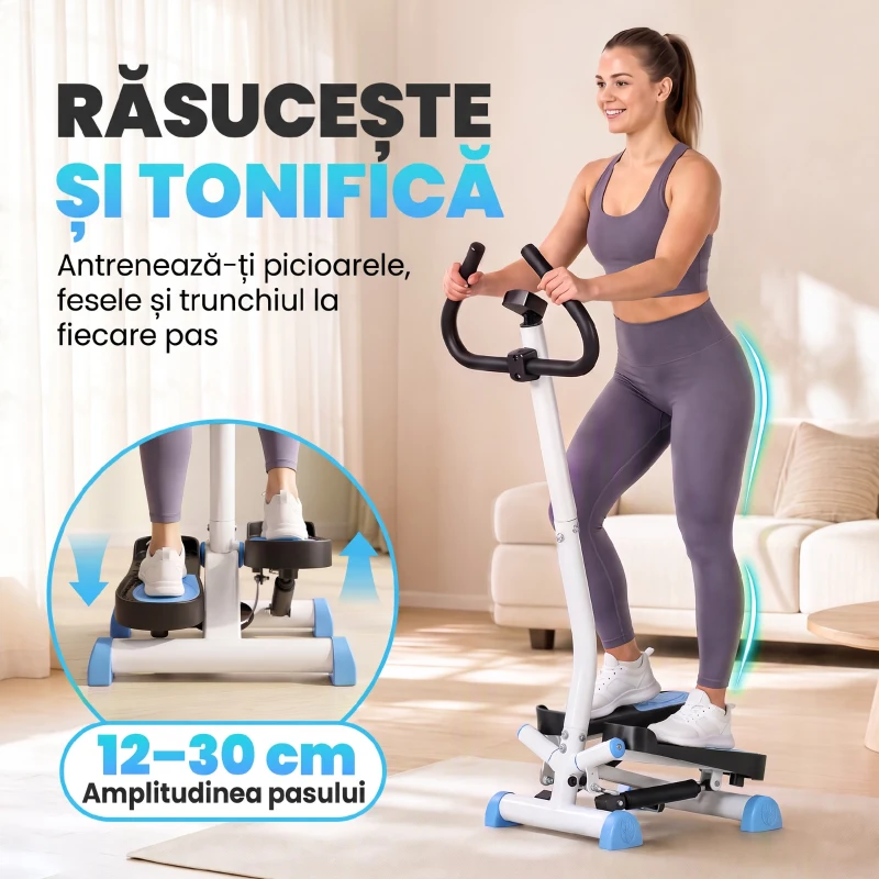 HOMCOM Stepper cu ghidon, pedale antiderapante și monitor LCD, din oțel și ABS, 55x44x108 cm, alb-negru și alb