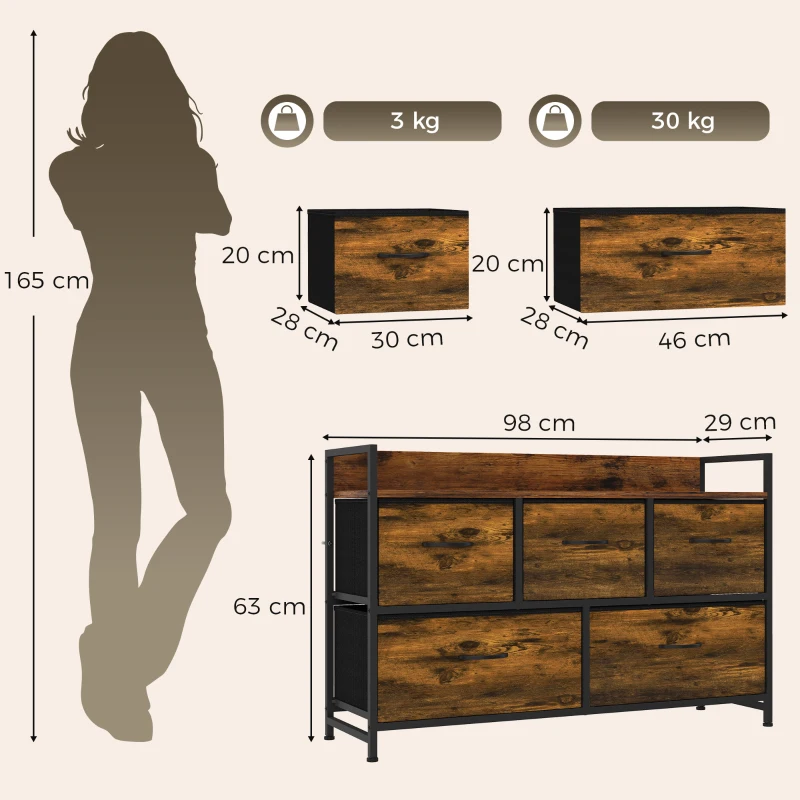 HOMCOM Cómoda de Quarto com 5 Gavetas, Cómoda em Tecido com Tampo de Madeira, Castanho e Preto