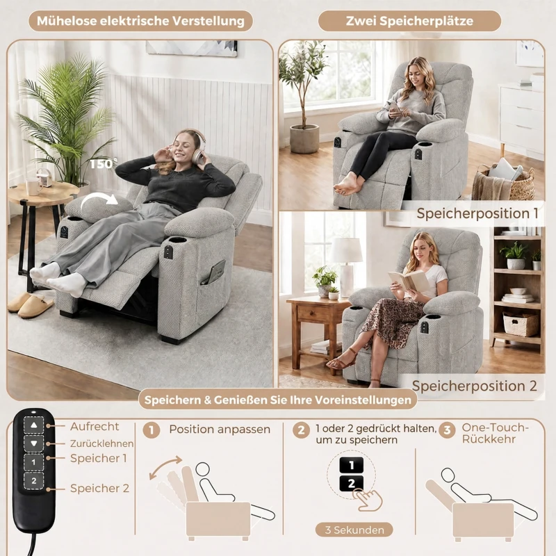 HOMCOM Elektrischer Relaxsessel mit Massage & Wärme, leisem Motor und Memory-Funktion, Grau