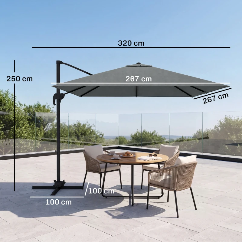 Outsunny 2.7 x 2.7 m Cantilever Parasol - Square Overhanging Umbrella with Cross Base, Crank Handle, Tilt, 360° Rotation and Aluminium Frame, Dark Grey
