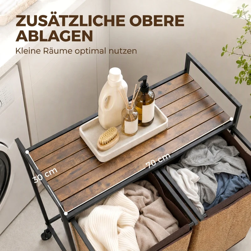 HOMCOM Wäschekorb Bambus 2 Fächer 120 L Wäschesammler mit Regal Ablage, Wäschebox Wäschesack, Rollbar 73x33x78 cm, Braun