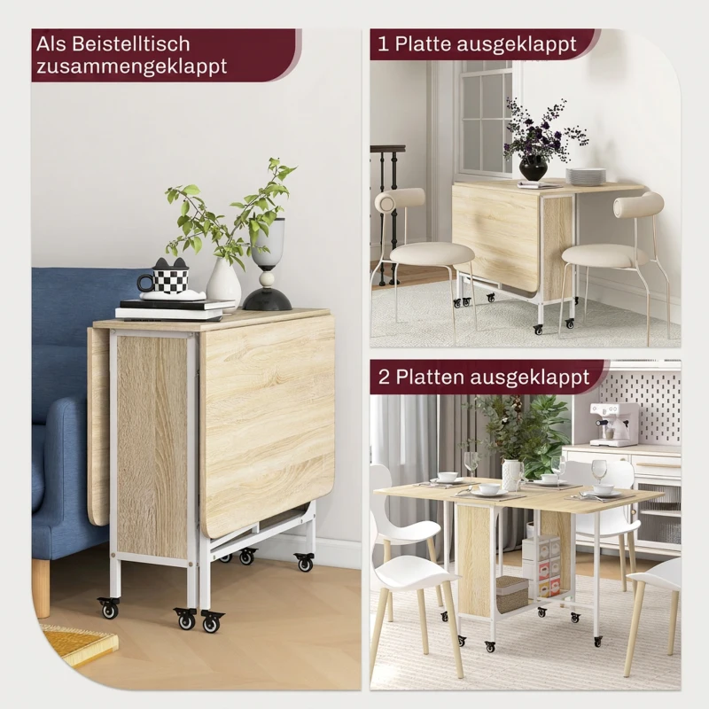 HOMCOM Mobiler Klapptisch Klapptisch, 2 klappbare Flächen, 130 cm x 80 cm x 74 cm, Naturholzfarben