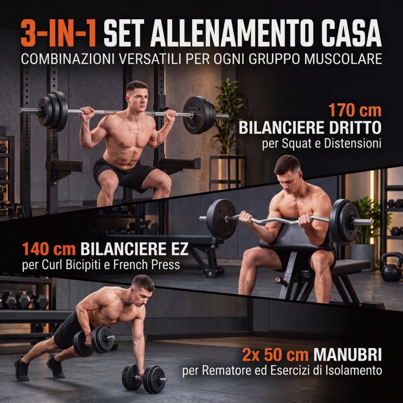 SPORTNOW Set Manubri 3-in-1, Bilanciere Antiscivolo, 50 kg, Nero