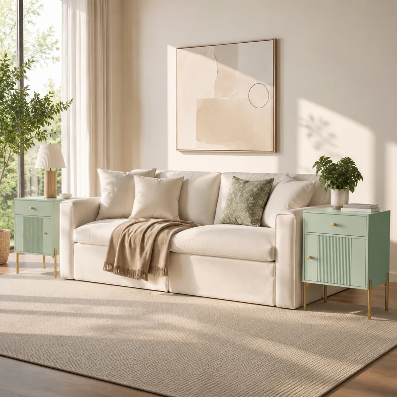 HOMCOM Modern Bedside Tables Set of 2, Side Tables with Drawer and Metal Legs for Living Room, Bedroom, Light Green