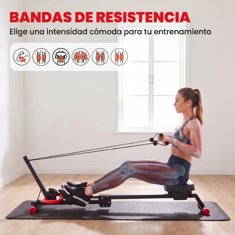 SPORTNOW Máquina de Remo Plegable 2 en 1 Entrenador Cintura Resistencia Ajustable Pantalla LCD Asiento Acolchado Carga 120 kg