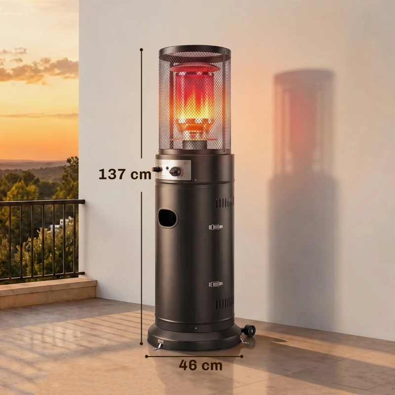 Outsunny Aquecedor de Gás para Pátio 11 kW Estufa de Exterior Portátil a Propano com Grelha de Proteção e Sistema Antitombo Preto