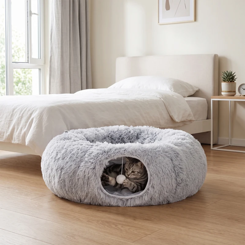 PawHut Túnel para Gatos 3 en 1 Cama Túnel para Gatos Plegable Cojín Lavable Entradas y Bola Colgante 90x80x27 cm Gris Claro