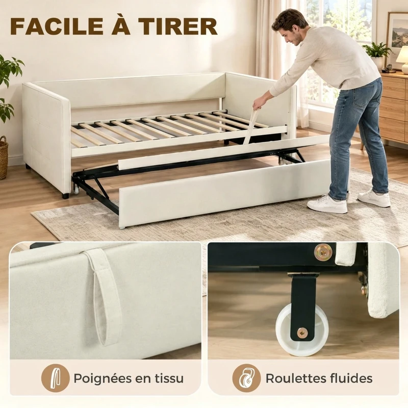 HOMCOM Cadre de lit canapé-lit 2 en 1, canapé 2 places et lit double, deux matelas compatible de 90 x 190 cm