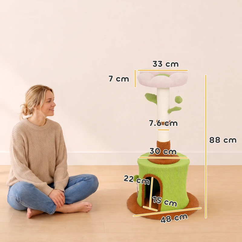 PawHut Cat Tree for Indoor Kittens, 88cm Flower Cat Tower with Condo & Bed, Scratching Post, 2 Toy Balls and 2 Crinkle Leaves