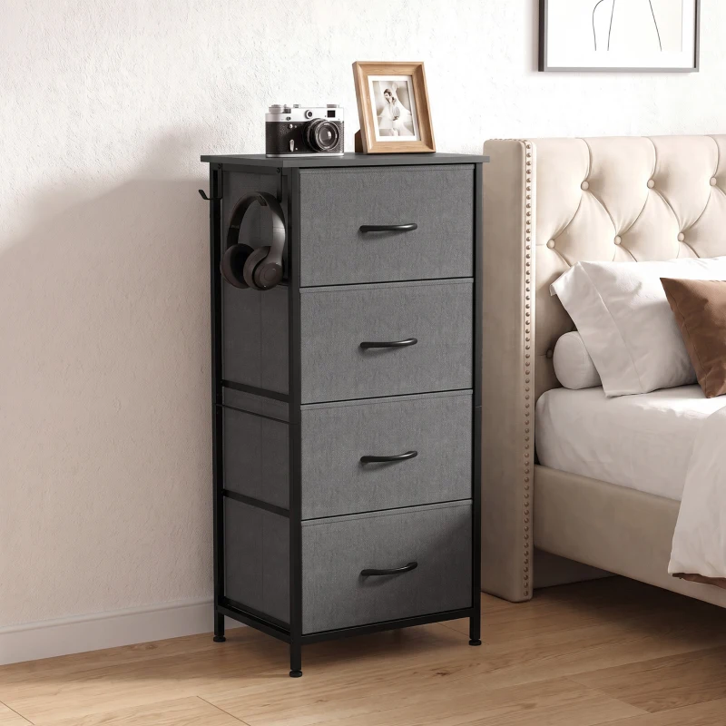 HOMCOM Chest of Drawers, Dresser with 4 Fabric Drawers, 4 Pockets, 2 Hooks and Steel Frame, Storage Unit, Grey