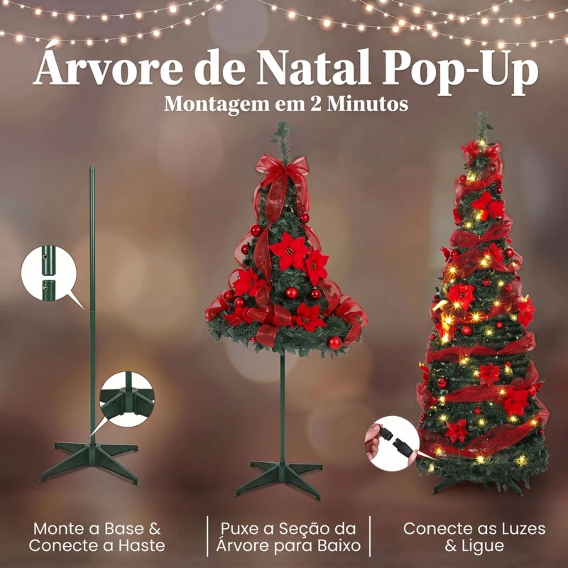 HOMCOM Árvore de Natal Artificial 180 cm com 150 Luzes LED 200 Ramos 11 Modos Bolas Fitas e Suporte Dobrável Verde e Vermelho
