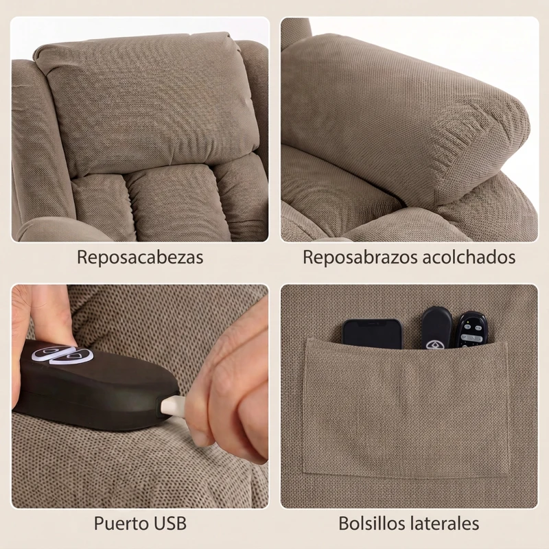 HOMCOM Sillón Relax Reclinable Eléctrico Levanta Personas Masaje Vibratorio y Calor Asiento Ancho Puerto USB Bolsillos Marrón
