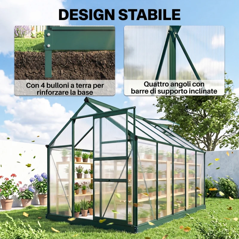 Outsunny Serra da Giardino in Policarbonato Anti UV 190x312x201cm con Finestra e Porta Scorrevole, in Alluminio