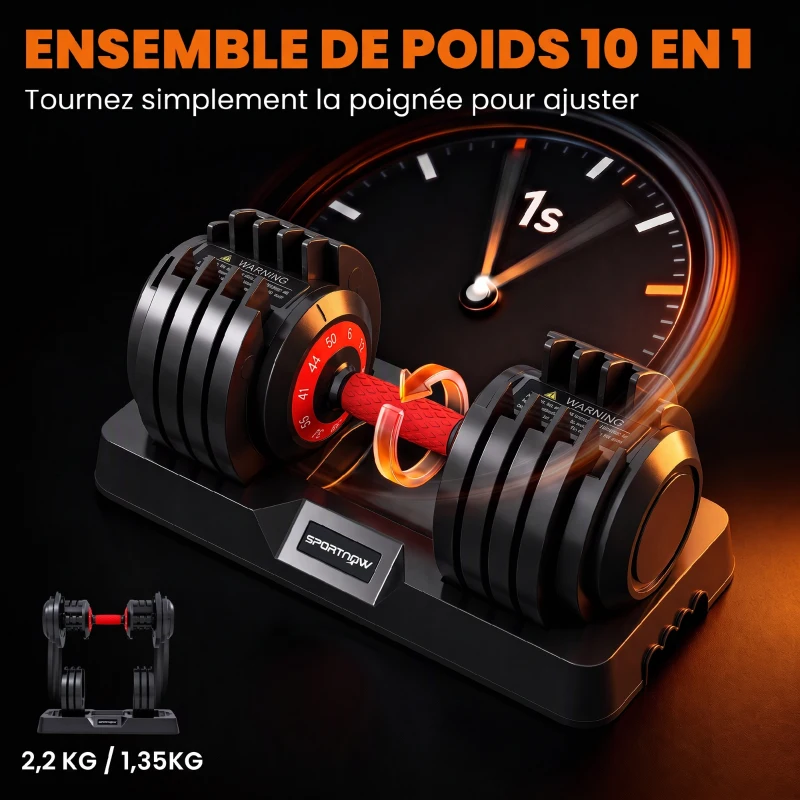 SPORTNOW Haltères Réglables 10 en 1, 2x24kg, Réglage Rapide, Verrou de Sécurité, Poignée Antidérapante, Bases de Rangement, Noir
