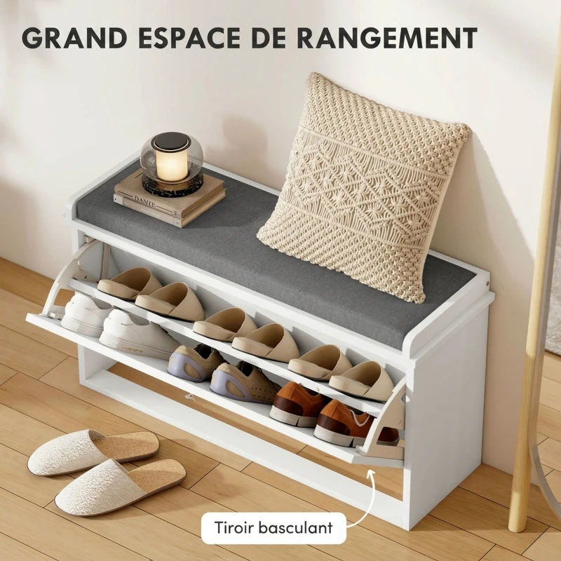 HOMCOM Banc à chaussures avec tiroir rabattable, coussin d'assise et étagère réglable, 80 x 26 x 48 cm, blanc