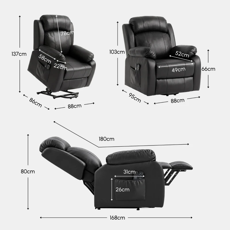 HOMCOM Fotoliu Rulant Electric de Masaj cu Încălzire, Ridicare Asistată și Port USB, Piele PU, Negru
