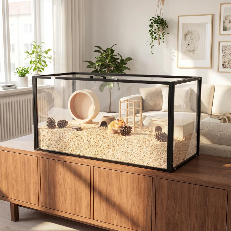 PawHut Jaula para Hámster Hábitat de Roedores Transparente con Vista Panorámica 360° Antimordiscos 105x51x51cm Negro