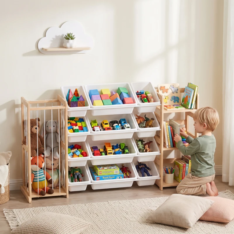 AIYAPLAY Estante Infantil para Brinquedos em Madeira com 12 Caixas, Organizador de Peluches e 3 Prateleiras 146x39,5x88 cm Natural