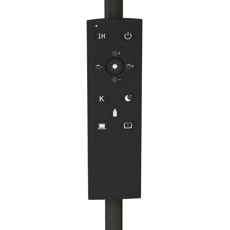 HOMCOM Modern Floor Lamp with Shelf, Dimmable Floor Lamp with Linen Shade, RF Remote and Foot Switch for Living Room, Black