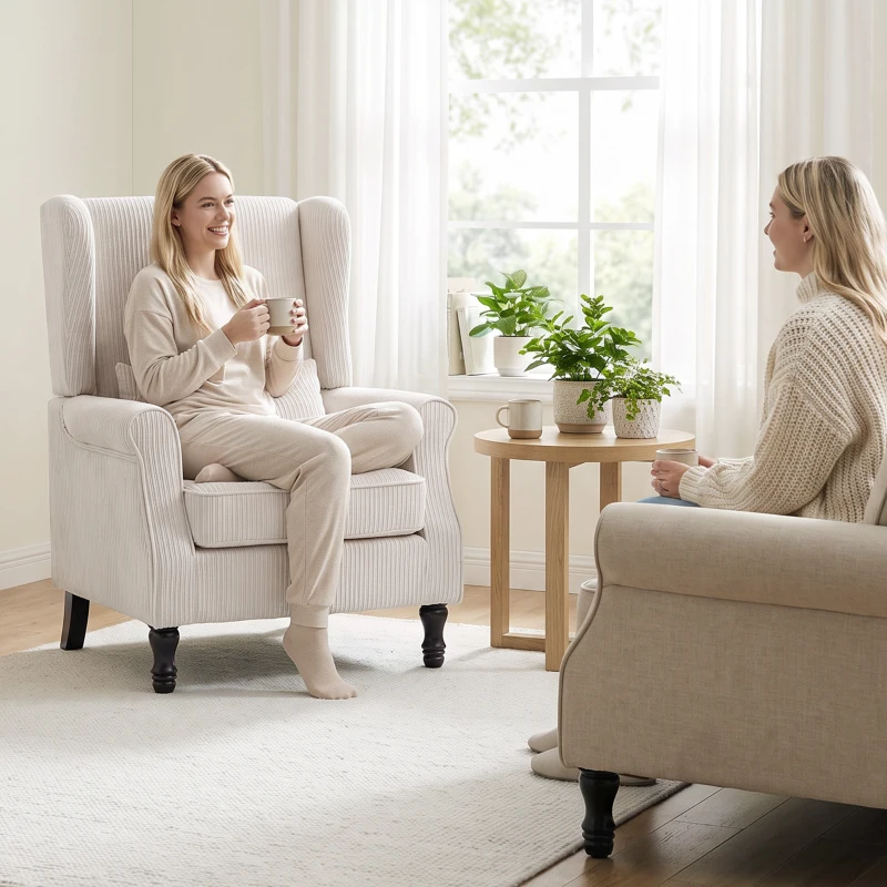 HOMCOM Sessel Ohrensessel mit Armlehnen, Cord-Optik Loungesessel mit Lendenkissen, Hoher Rückenlehne Beige