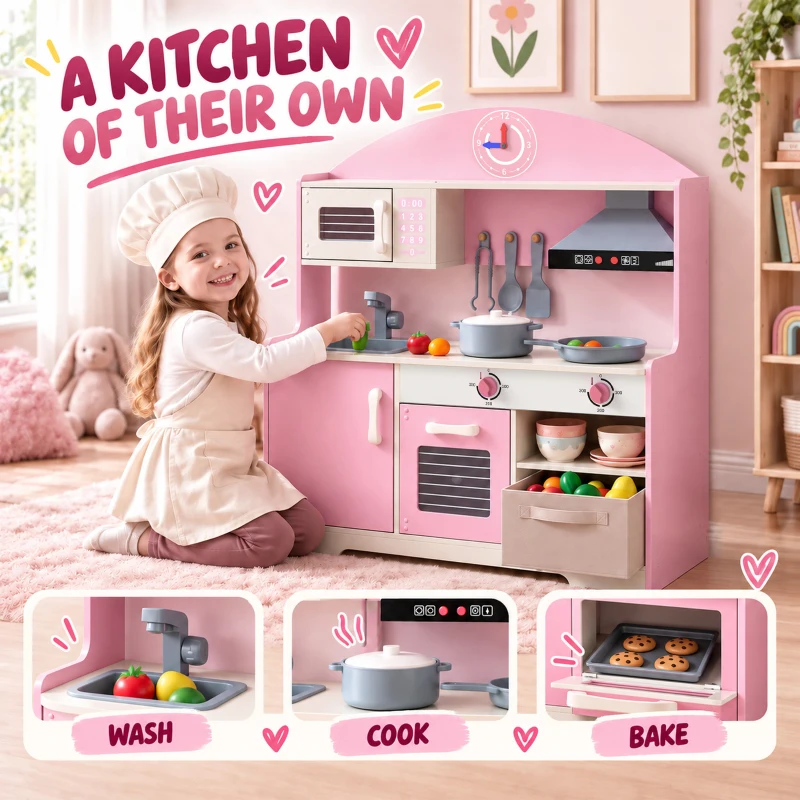 AIYAPLAY Kids Play Kitchen with Lights & Sounds, Pretend Play Toy set with Fabric Drawer, 5-Piece Accessories for 3-6 Years, Pink