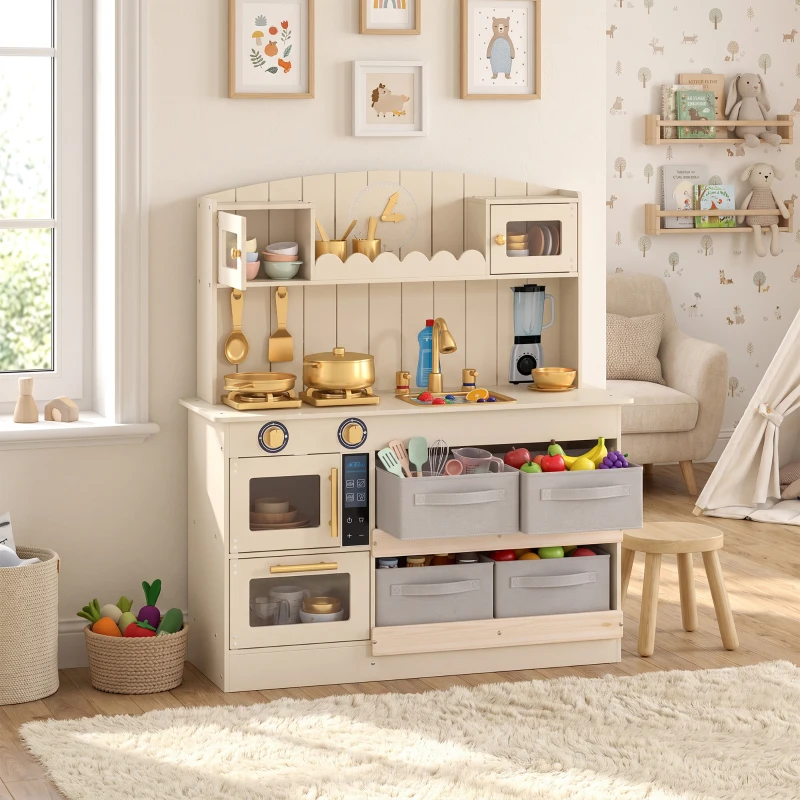 AIYAPLAY Cucina Giocattolo per Bambini in Legno con Luci e Suoni, 4 Cassetti in Tessuto, 12 Accessori, Regalo, 3-6 Anni