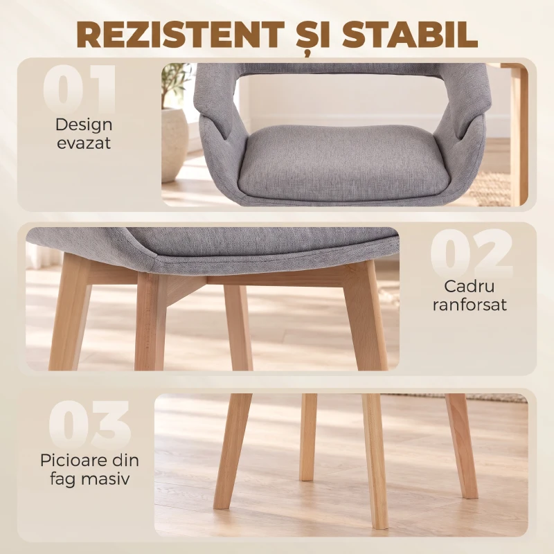 HOMCOM Set 2 Scaune Dining Ergonomice din Material Gri Deschis