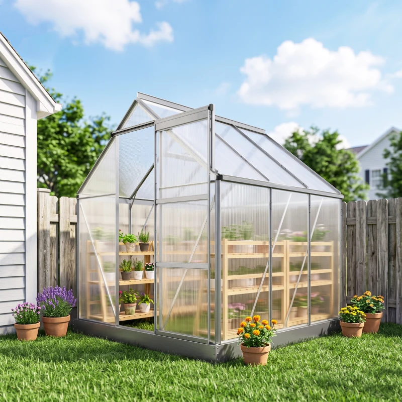 Outsunny 6 x 6ft Walk-In Greenhouse, Polycarbonate Greenhouse with Sliding Door, Window, Aluminium Frame, Foundation, Silver