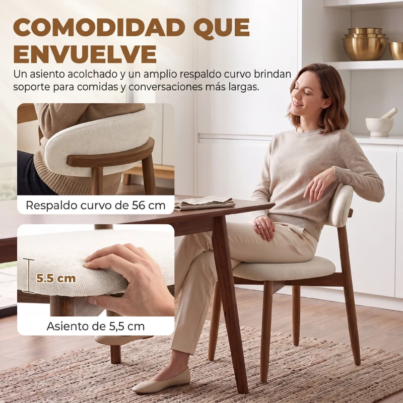 HOMCOM Juego de 2 Sillas de Comedor Tapizadas de Lino sin Brazos Respaldo Curvado Patas de Madera de Caucho Crema
