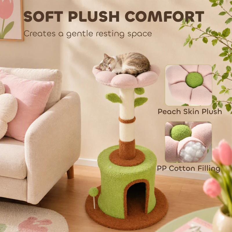 PawHut Cat Tree for Indoor Kittens, 88cm Flower Cat Tower with Condo & Bed, Scratching Post, 2 Toy Balls and 2 Crinkle Leaves