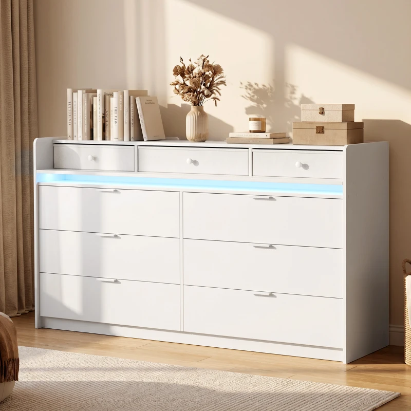 HOMCOM Chest of Drawers for Bedroom with LED Light & Charging Station, 9 Drawers Storage Unit/TV Stand, White