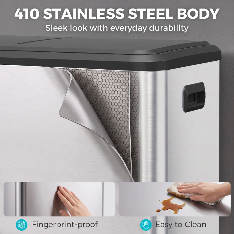 HOMCOM Poubelle à Double Compartiment 2 x 30L, Poubelle de Cuisine en Acier Inoxydable, Couvercle à Fermeture Douce, Argent