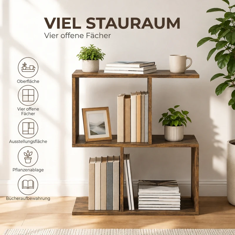 HOMCOM S-vormige bijzettafel, smalle tafel met 3 niveaus en opbergvakken voor woonkamer en slaapkamer, rustiek bruin