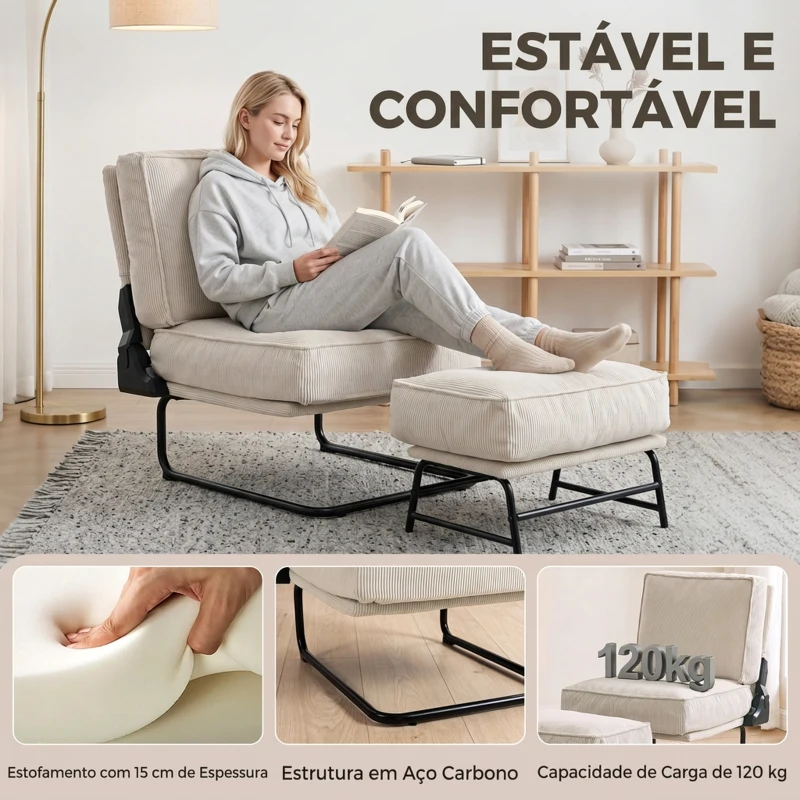 HOMCOM Poltrona com Apoio para os Pés e Encosto Ajustável em Bombazina com Assento Largo e Acolchoamento Espesso Creme