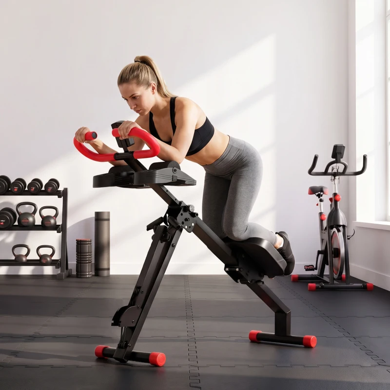 SPORTNOW Máquina de Remo Plegable 2 en 1 Entrenador Cintura Resistencia Ajustable Pantalla LCD Asiento Acolchado Carga 120 kg