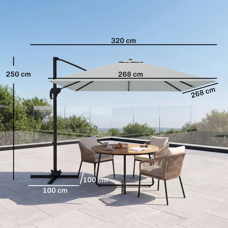 Outsunny 2.7 x 2.7 m Cantilever Parasol, Square Overhanging Umbrella with Cross Base, Crank Handle, Tilt, 360° Rotation and Aluminium Frame, Grey